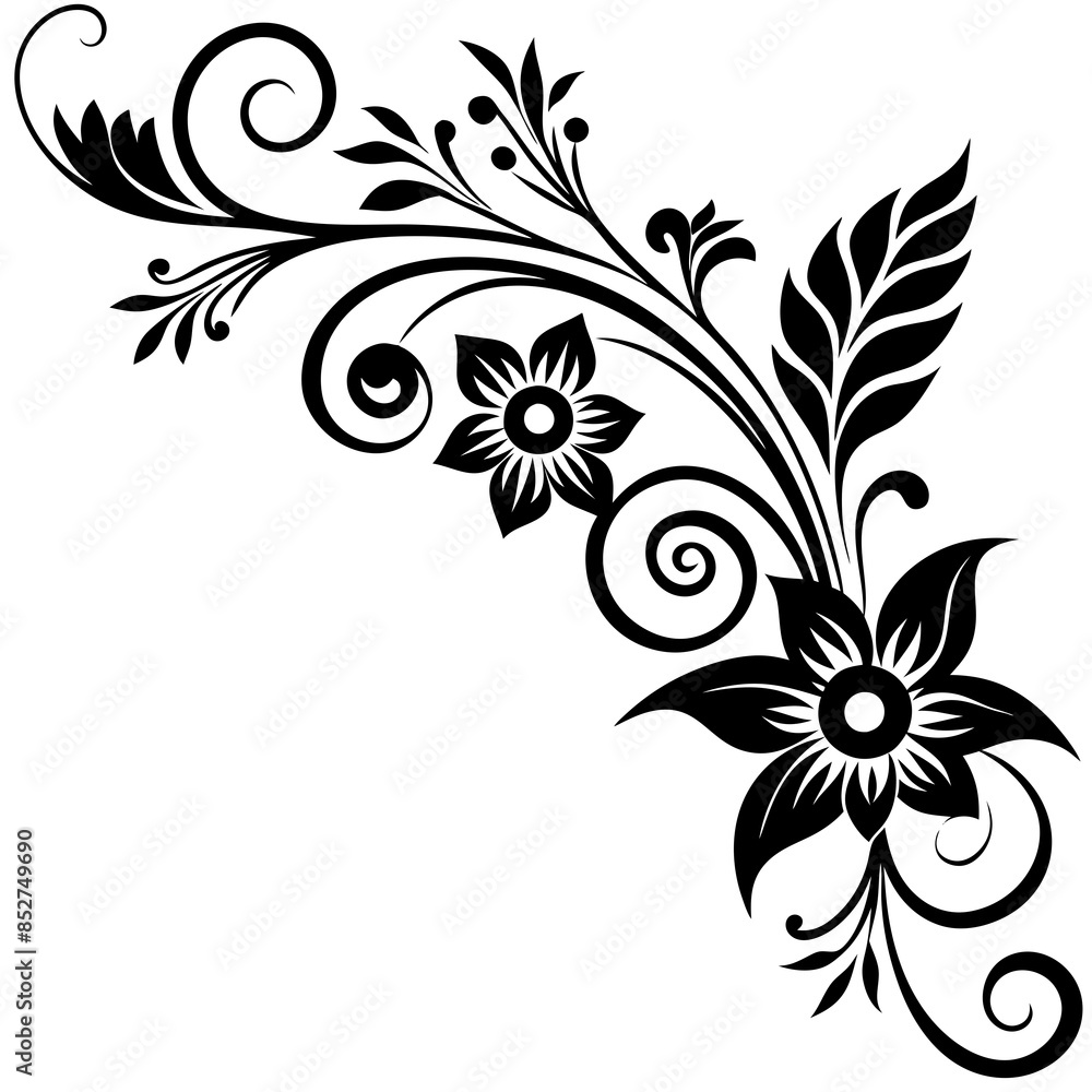 Hand drawn corner decorative floral black silhouette on white background Hand drawn corner decorative floral black silhouette on white background
