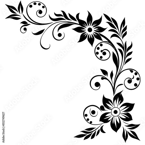 Hand drawn corner decorative floral black silhouette on white background © Chayon Sarker