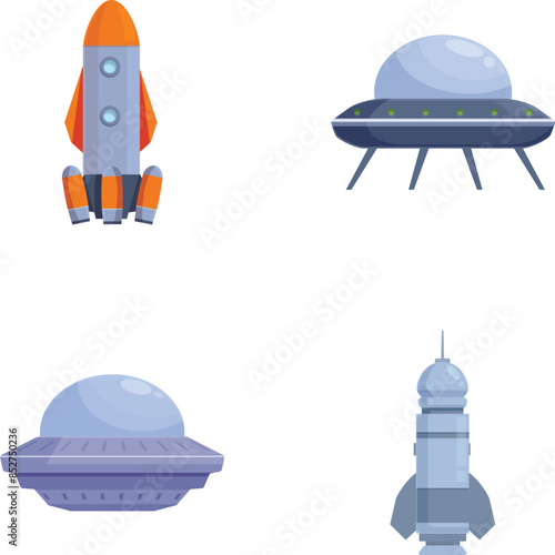 Futuristic spacecraft collection vector set with illustrations of rockets, ufos, spaceships, and other space vehicles for interstellar and intergalactic missions