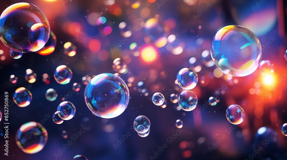 An Artistic and Dreamlike Scene of Colorful, Floating Bubbles with Light Reflections An Artistic and Dreamlike Scene of Colorful, Floating Bubbles with Light Reflections