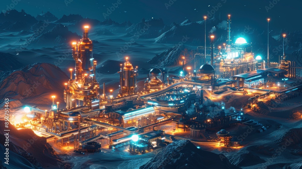Obraz premium Nighttime aerial view of a hyper-advanced industrial complex on Mars with bioluminescent refinery, representing futuristic economic development