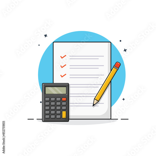 Document with Calculator and Pencil Vector Illustration. Business Object Concept Design