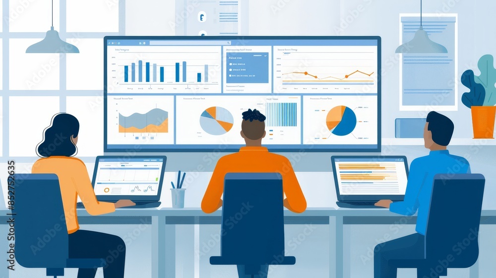 Team of professionals analyzing data on computer screens in a modern office setting, focusing on charts and graphs for business insights. Team of professionals analyzing data on computer screens in a modern office setting, focusing on charts and graphs for business insights.