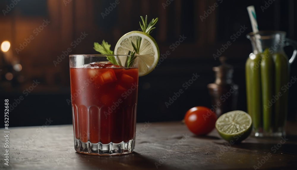 This Bloody Mary, with its rich red color, is elegantly presented with ice cubes, a lime slice, and a sprig of fresh herbs, making it an ideal choice for cocktail lovers This Bloody Mary, with its rich red color, is elegantly presented with ice cubes, a lime slice, and a sprig of fresh herbs, making it an ideal choice for cocktail lovers