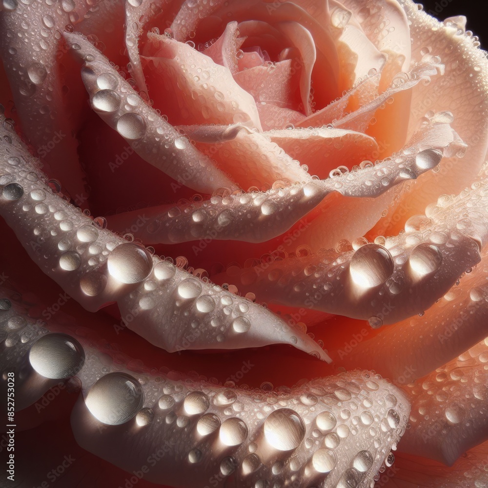A detailed close-up of delicate rose petals covered in dewdrops, showcasing the intricate beauty and freshness of the flower. The soft pink hue adds a touch of romance and elegance.. AI Generation