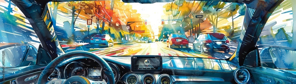 Vibrant watercolor painting of an urban street viewed from car interior, showcasing colorful autumn scenery and dynamic motion. Vibrant watercolor painting of an urban street viewed from car interior, showcasing colorful autumn scenery and dynamic motion.