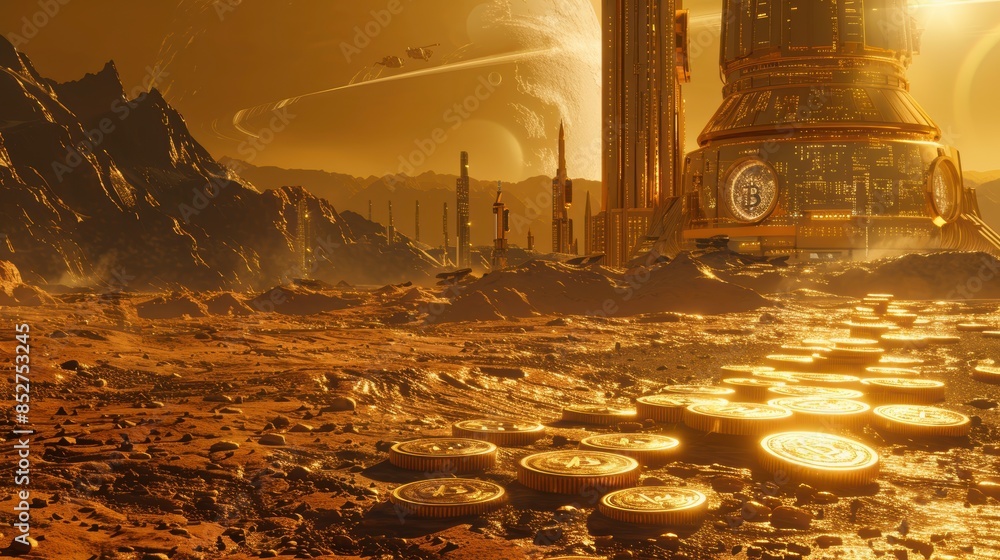 Obraz premium Hyper-advanced Martian economy with floating digital coins and holographic financial charts, illustrating market trends on Mars in the year 8000