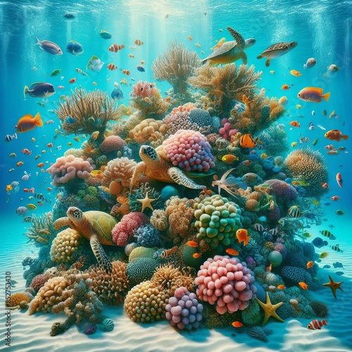 Vibrant underwater coral reef bustling with diverse marine life. Colorful fish, corals, and sea turtles create a stunning and lively underwater ecosystem, showcasing the beauty of ocean biodiversity