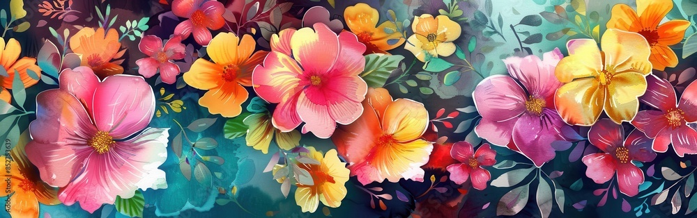 This digital painting depicts a close-up of a colorful bouquet of flowers. The blooms are rendered in a watercolor style, showcasing a vibrant palette of pinks, oranges, yellows, and reds. The flowers This digital painting depicts a close-up of a colorful bouquet of flowers. The blooms are rendered in a watercolor style, showcasing a vibrant palette of pinks, oranges, yellows, and reds. The flowers