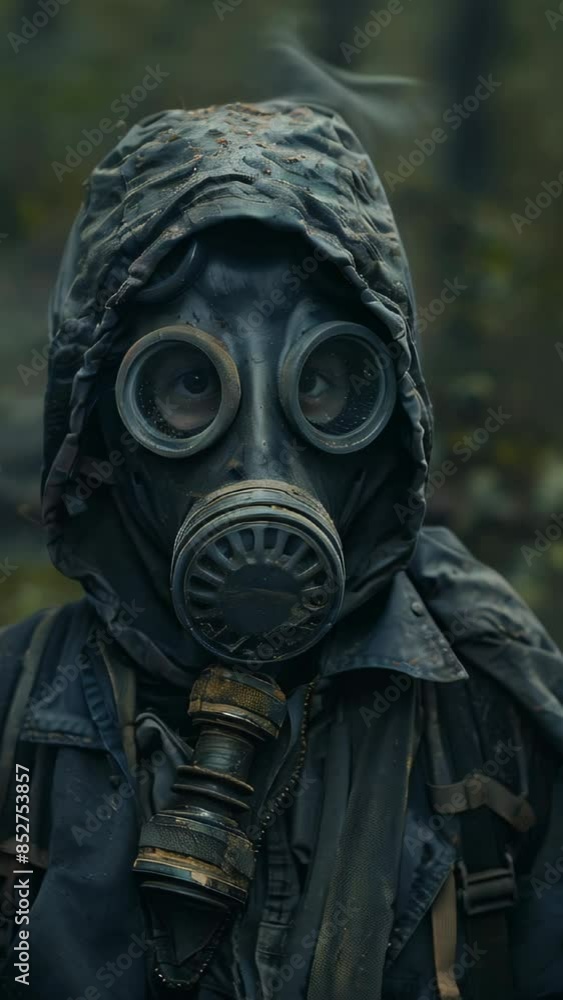 A person in a gas mask is wearing a hooded jacket and has a backpack on A person in a gas mask is wearing a hooded jacket and has a backpack on