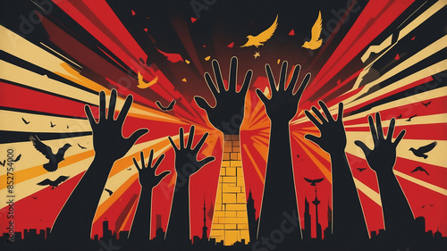 Wallpaper Mural Feierliche Darstellung des "Tag der Deutschen Einheit" mit erhobenen Händen, Friedenstauben und Nationalfarben Deutschlands im Hintergrund Torontodigital.ca