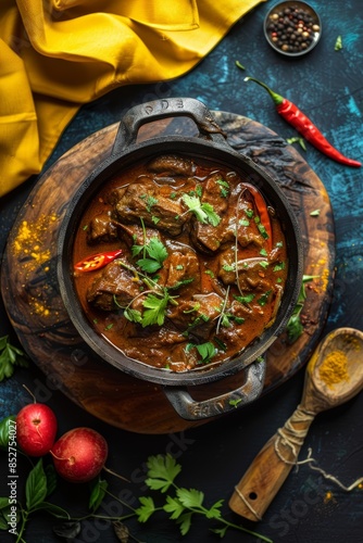 Ostri is a traditional meal from Georgia that is served in a bowl on a wooden cutting board. photo