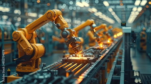 A captivating image of an industrial robotic arm performing welding tasks on a conveyor belt with visible sparks