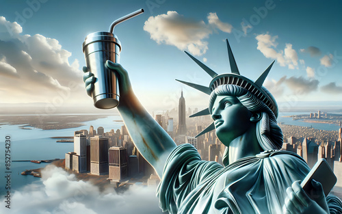 커피 잔을 들고 있는 자유여신상( Statue of Liberty holding a coffee cup) photo