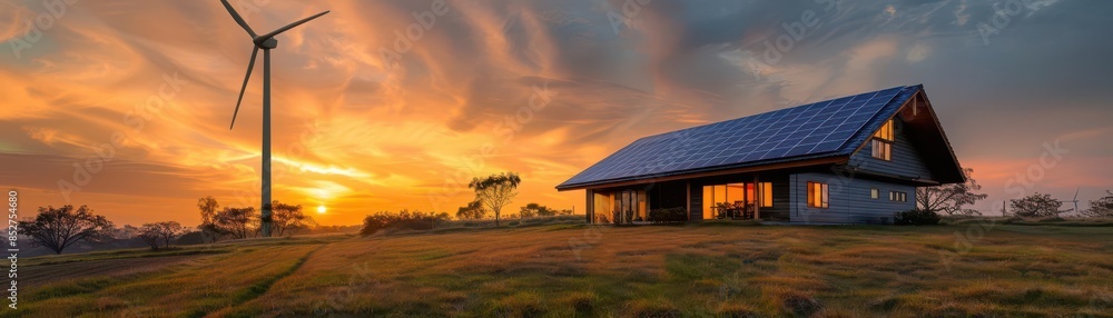 Scenic sunset over a modern house with a wind turbine in the countryside, highlighting sustainable and eco-friendly living. Scenic sunset over a modern house with a wind turbine in the countryside, highlighting sustainable and eco-friendly living.
