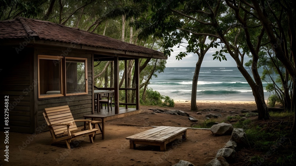 A beach scene with chairs and a beach and a palm tree. A beach scene with chairs and a beach and a palm tree.