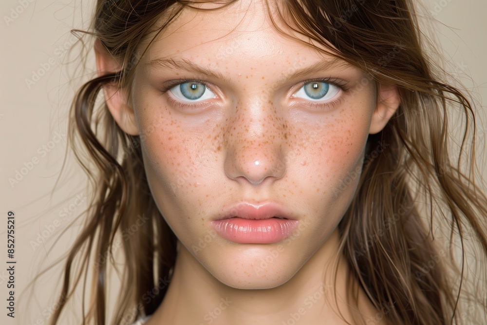 Close-up Portrait of a Young Woman with Freckles and Blue Eyes
Close-up Portrait of a Young Woman with Freckles and Blue Eyes