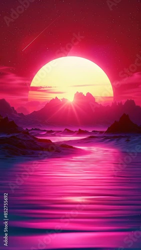 Wallpaper Mural A pink and purple sunset over a body of water with a large sun in the sky. The sky is filled with clouds and the water is calm Torontodigital.ca