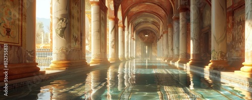 Stunning view of an ancient architectural corridor with reflective water, adorned with pillars and intricate wall carvings, bathed in warm light.