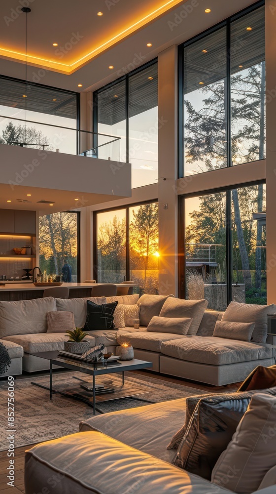 Naklejka premium Modern living room with large windows showcasing a beautiful sunset view, elegant furniture, and tasteful decor creating a cozy atmosphere.