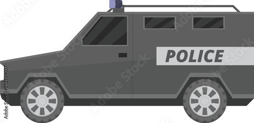Armored police car with siren lights is parked on white background