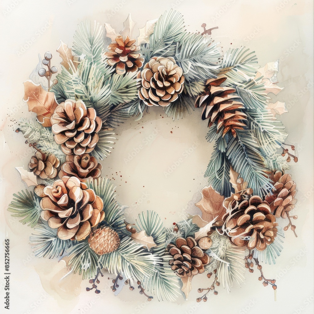 Watercolor Painting of a Pine Cone Wreath Watercolor Painting of a Pine Cone Wreath