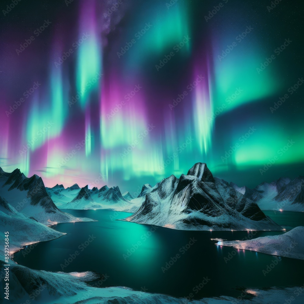 Vibrant northern lights illuminate the night sky over a snowy mountain