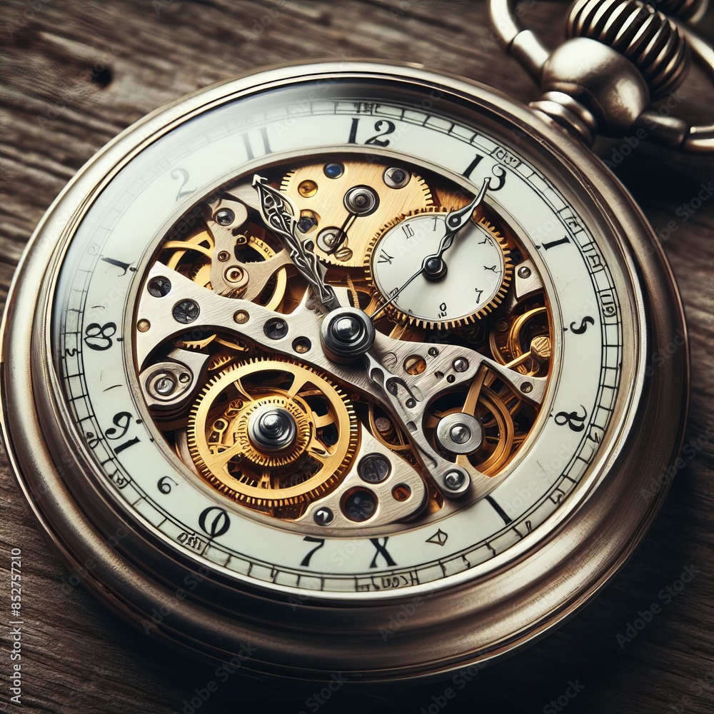 Detailed close-up of an antique pocket watch showcasing its intricate golden gears and inner workings. The mechanical beauty and vintage design make this a perfect image for themes of time Detailed close-up of an antique pocket watch showcasing its intricate golden gears and inner workings. The mechanical beauty and vintage design make this a perfect image for themes of time