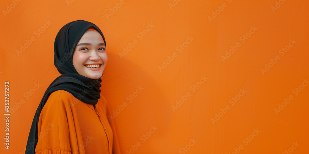A portrait of a young smiling Muslim woman wearing a black hijab against an orange background studio with copy space for text A portrait of a young smiling Muslim woman wearing a black hijab against an orange background studio with copy space for text