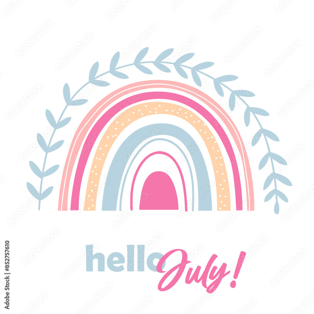 Vector cartoon boho rainbow with lettering Hello July.
Vector cartoon boho rainbow with lettering Hello July.