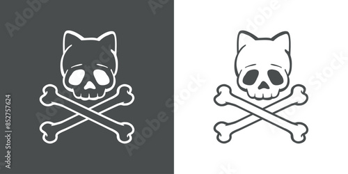 Símbolo pirata. Logo de calavera de gato y huesos cruzados para invitaciones y tarjetas de Halloween