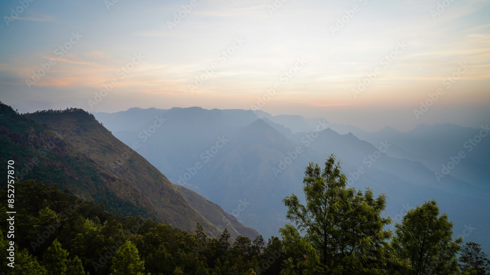 Obraz premium The Kolukkumalai Sunrise Trek leads you through the Kottagudi Tea Plantations located in Tamil Nadu’s Theni district.