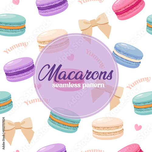 Vector seamless pattern with different colorful macarons,bows,and lettering.
