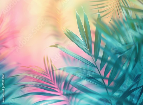 Delicate pastel palm leaves with a soft gradient background, featuring shades of pink, blue, and green