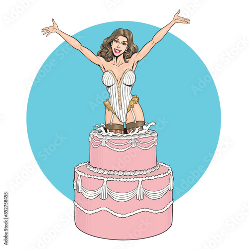 Pop out cake, young woman dancer in lingerie jumping out of the cake, a surprise show, isolated on the white background. Bachelor party or invitation card or birthday poster design. 