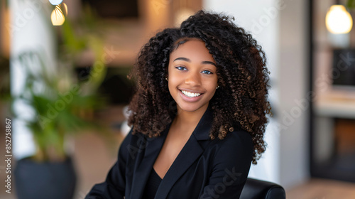 Portrait of a smiling young woman with curly hair dressed in business attire