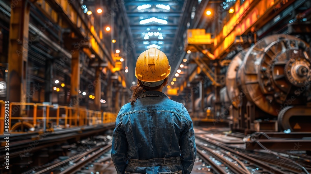 A lone worker in a yellow hardhat stands in a large industrial factory, looking toward the right of the frame A lone worker in a yellow hardhat stands in a large industrial factory, looking toward the right of the frame