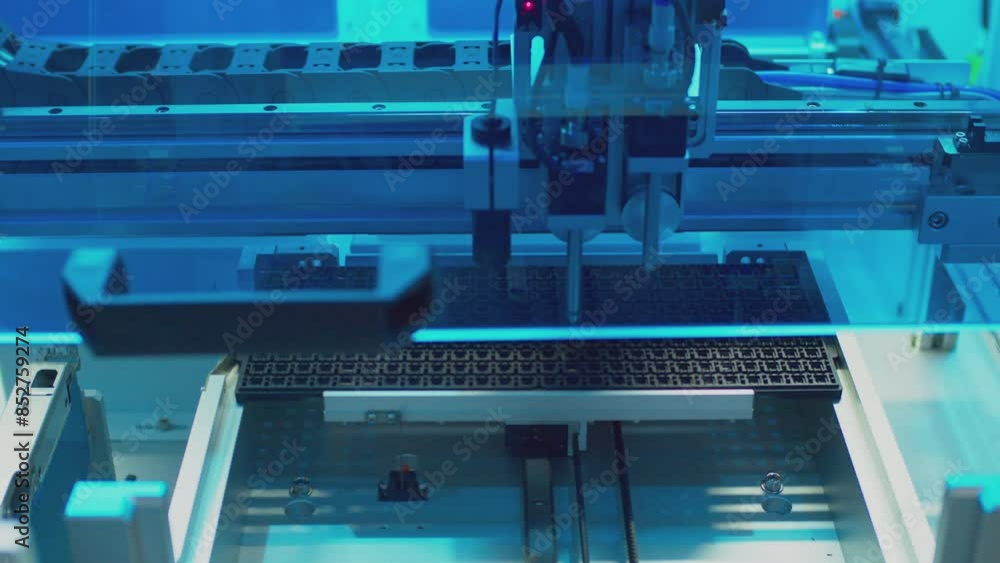 High-precision assembly of complex components of modern elements for electronic devices. Modern industrial equipment for the production of electronics. Technological process. Close-up. High-precision assembly of complex components of modern elements for electronic devices. Modern industrial equipment for the production of electronics. Technological process. Close-up.
