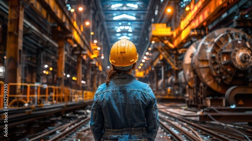 A lone worker in a yellow hardhat stands in a large industrial factory, looking toward the right of the frame