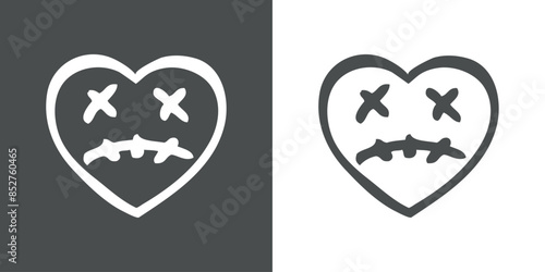 Logo con emoticono de corazón zombi triste para invitaciones y tarjetas de Halloween o San Valentín. Cara de zombi triste en corazón como personaje emoji