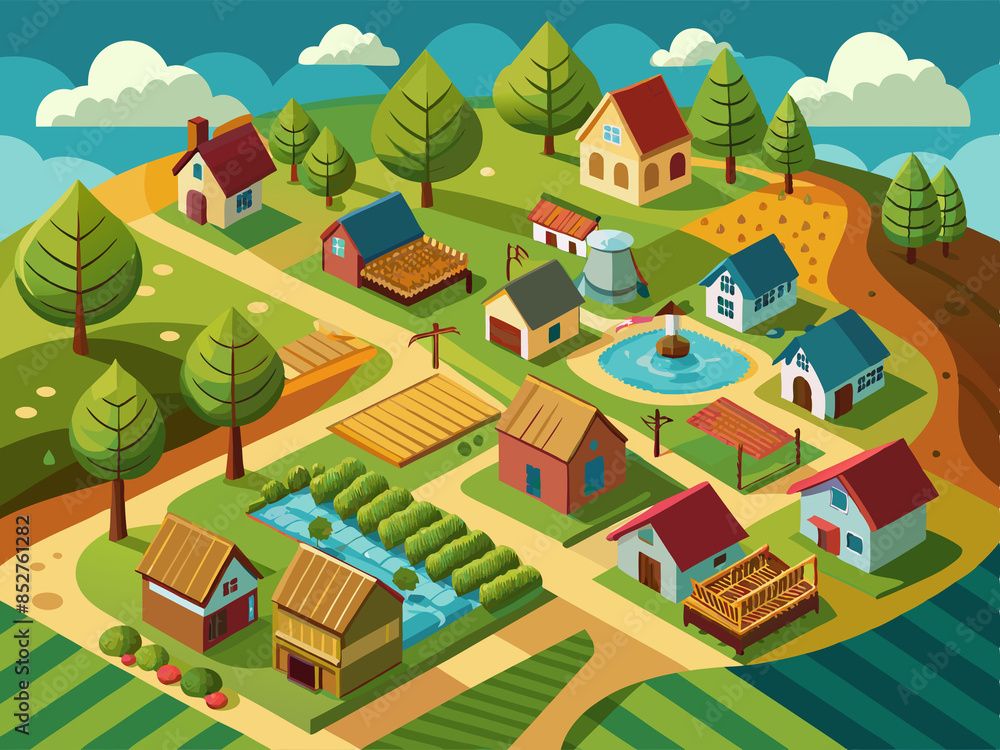 Top-down perspective of a rural village with small houses and farms Top-down perspective of a rural village with small houses and farms