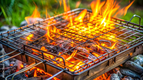 Fire and smoldering coals inside a metal grill for frying meat or vegetables outdoors.