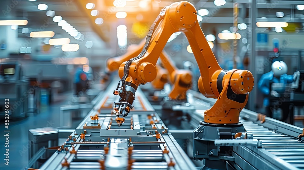 An automated robotic arm is engaged in the manufacturing process on a factory floor, showcasing industrial automation and efficiency An automated robotic arm is engaged in the manufacturing process on a factory floor, showcasing industrial automation and efficiency