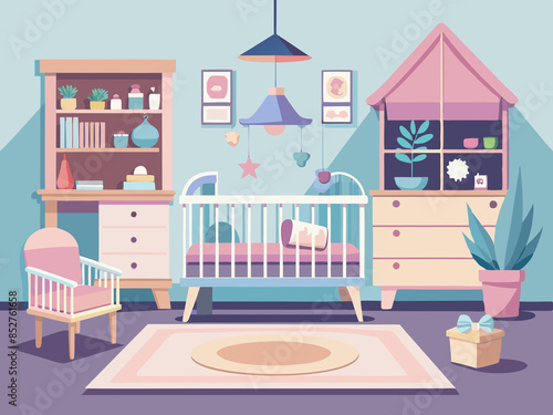 Nursery with a crib, changing table, and soft pastel colors © Bendix