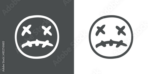 Logo con emoticono de zombi triste para invitaciones y tarjetas de Halloween. Cara de zombi con expresión triste como personaje emoji