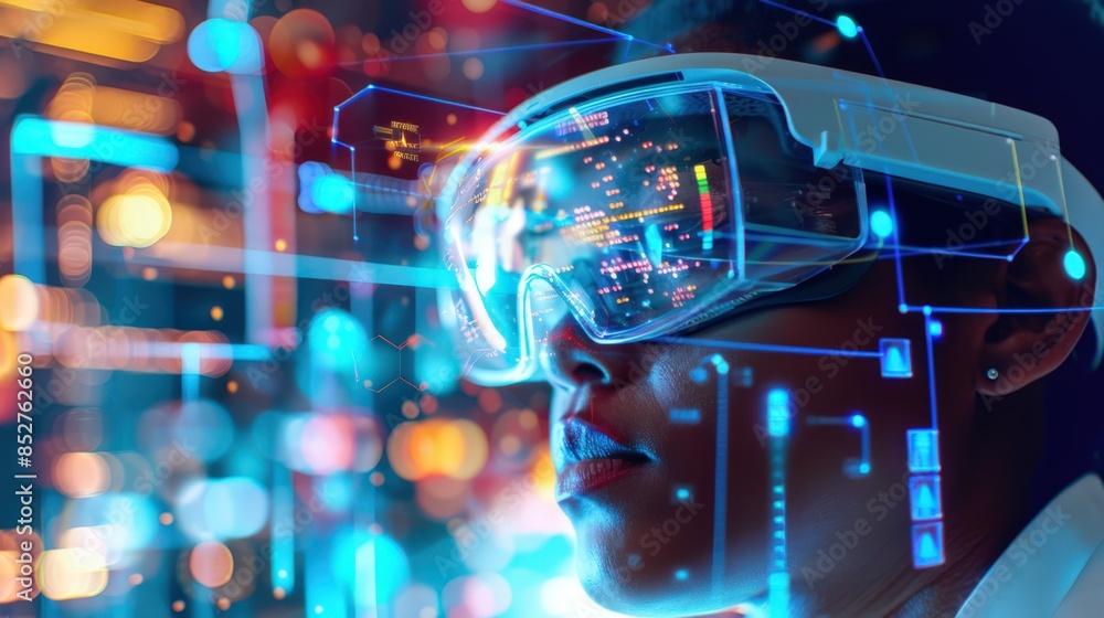 a woman wearing virtual reality goggles and looking at a computer screen a woman wearing virtual reality goggles and looking at a computer screen