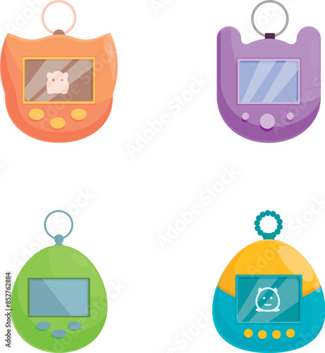 Four brightly colored virtual pet devices, each with a unique design, isolated on white background
