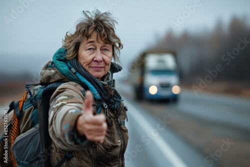 a woman with a backpack and a truck in the background © cff999
