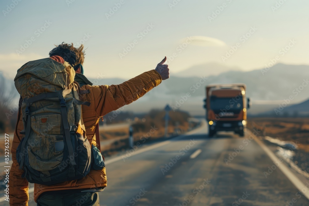 a man with a backpack on his back is pointing at a truck on the road a man with a backpack on his back is pointing at a truck on the road
