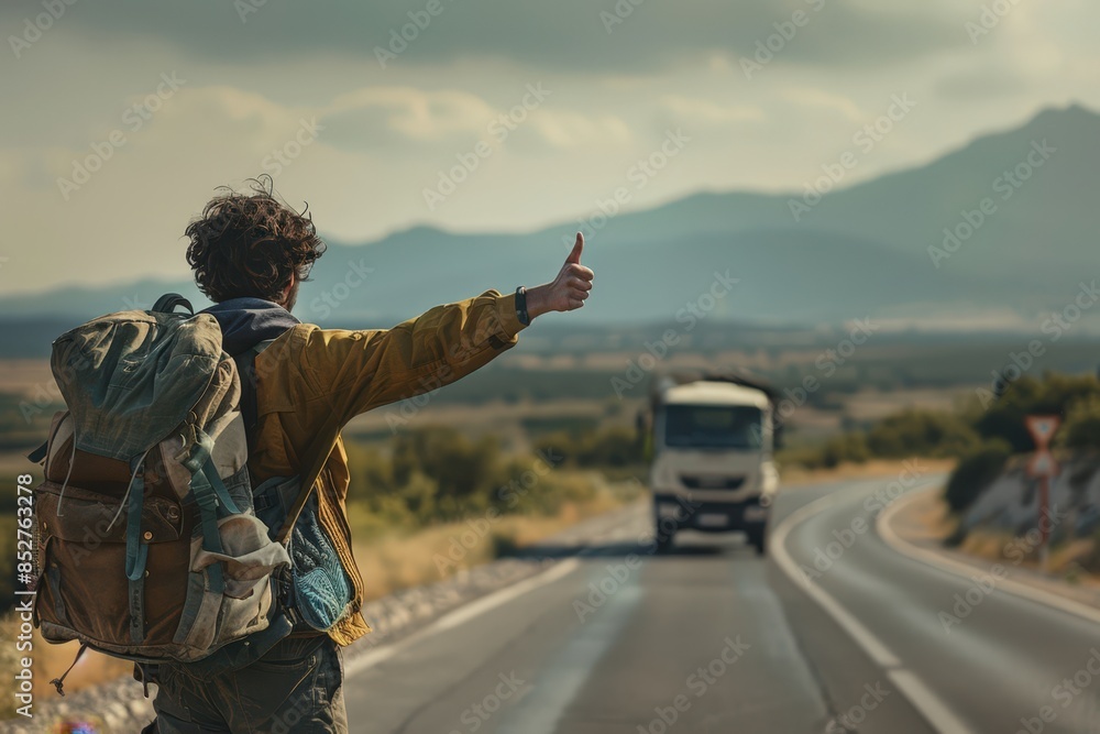 a man with a backpack is standing on the side of the road with his thumb up a man with a backpack is standing on the side of the road with his thumb up